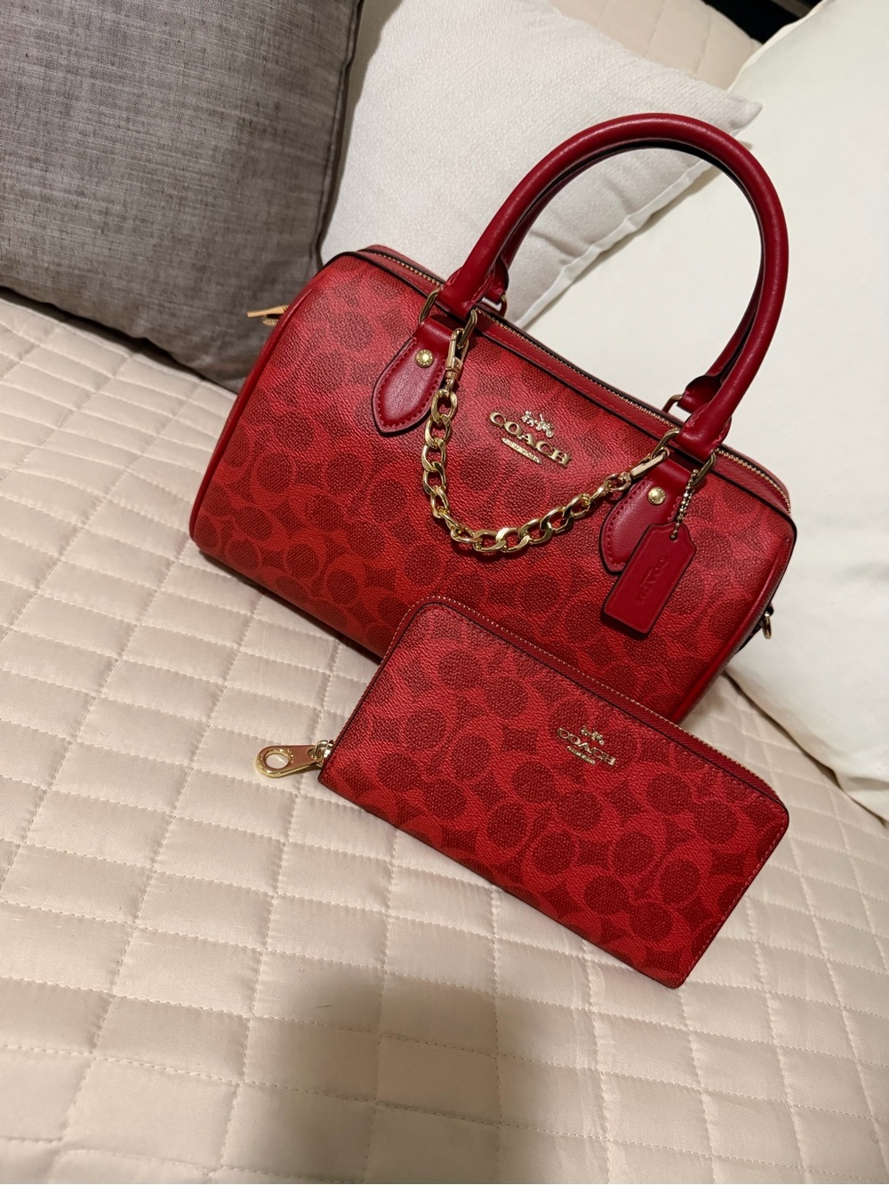 ❤️ Coach Crimson Red Signature Canvas Medium Rowan + Matching Wallet ❤️